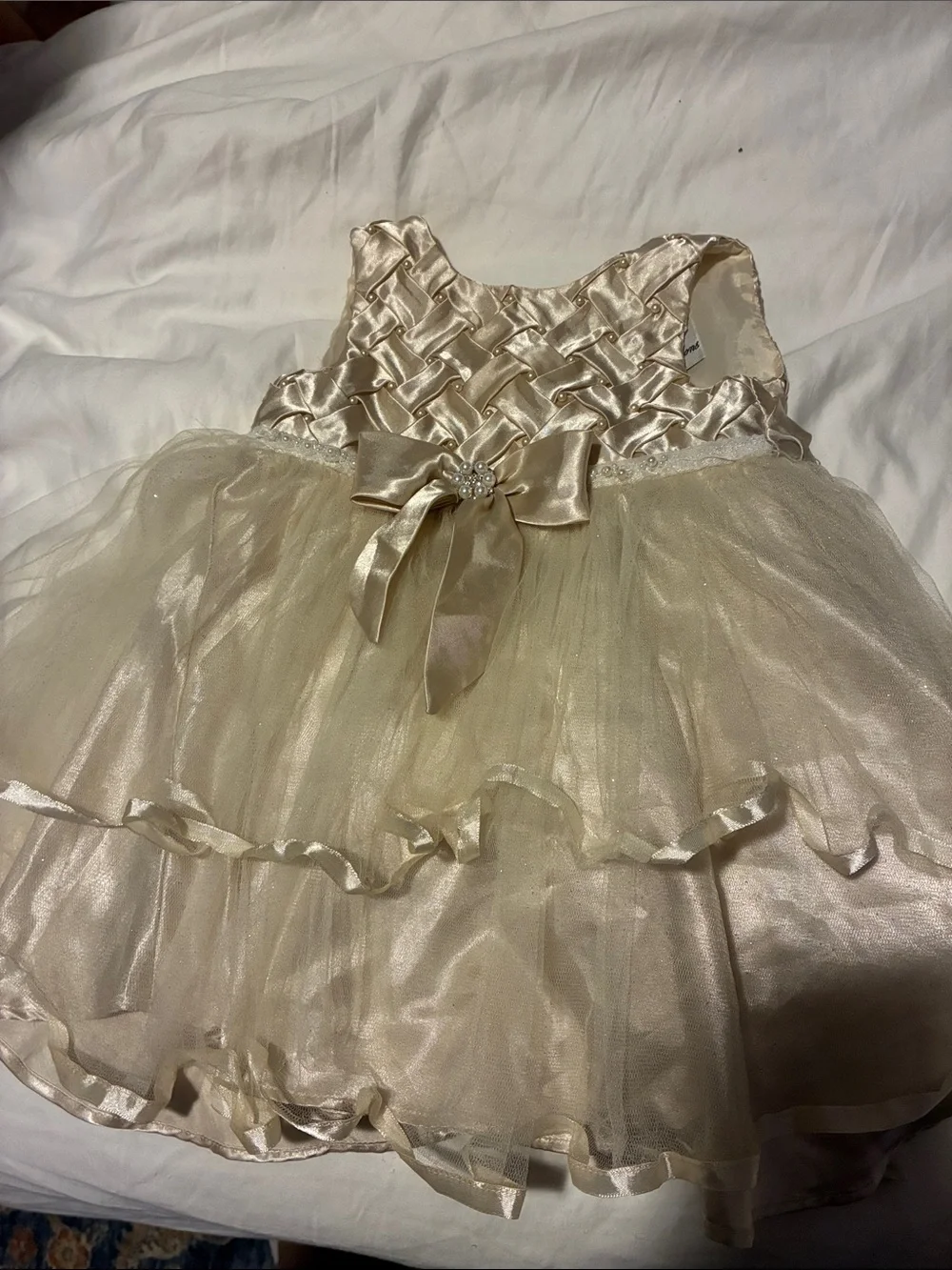 Rare Editions Ivory Satin Dress with Bow Accent